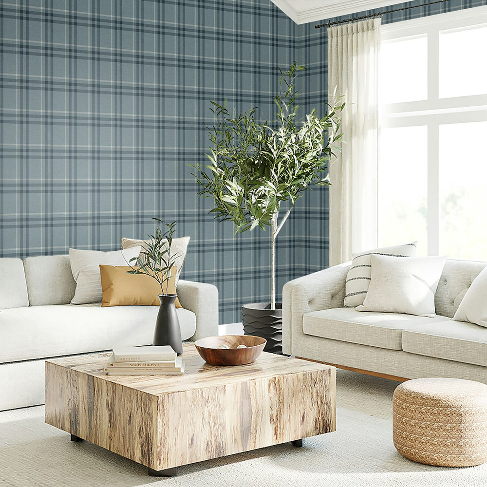EP10802 blue plaid prepasted wallpaper living room from Seabrook Designs