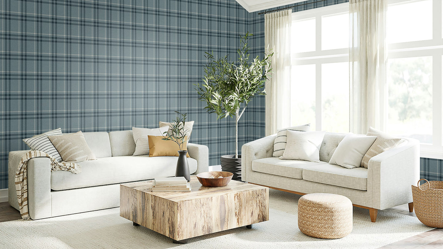 EP10802 blue plaid prepasted wallpaper living room from Seabrook Designs