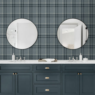 EP10802 blue plaid prepasted wallpaper bathroom from Seabrook Designs