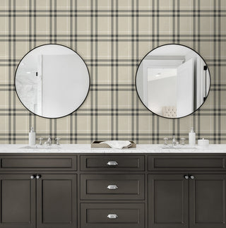 EP10805 neutral plaid prepasted wallpaper bathroom from Seabrook Designs