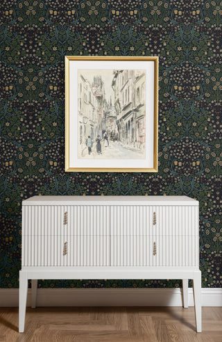 ET13222 William Morris blackthorn vintage unpasted wallpaper entryway at Say Decor