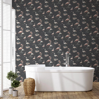 Mitchell Black Flamingo Wallpaper bathroom in shade Black at Say Decor