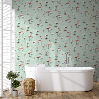 Mitchell Black Flamingo Wallpaper bathroom in shade Green at Say Decor