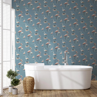 Mitchell Black Flamingo Wallpaper bathroom in shade Blue at Say Decor