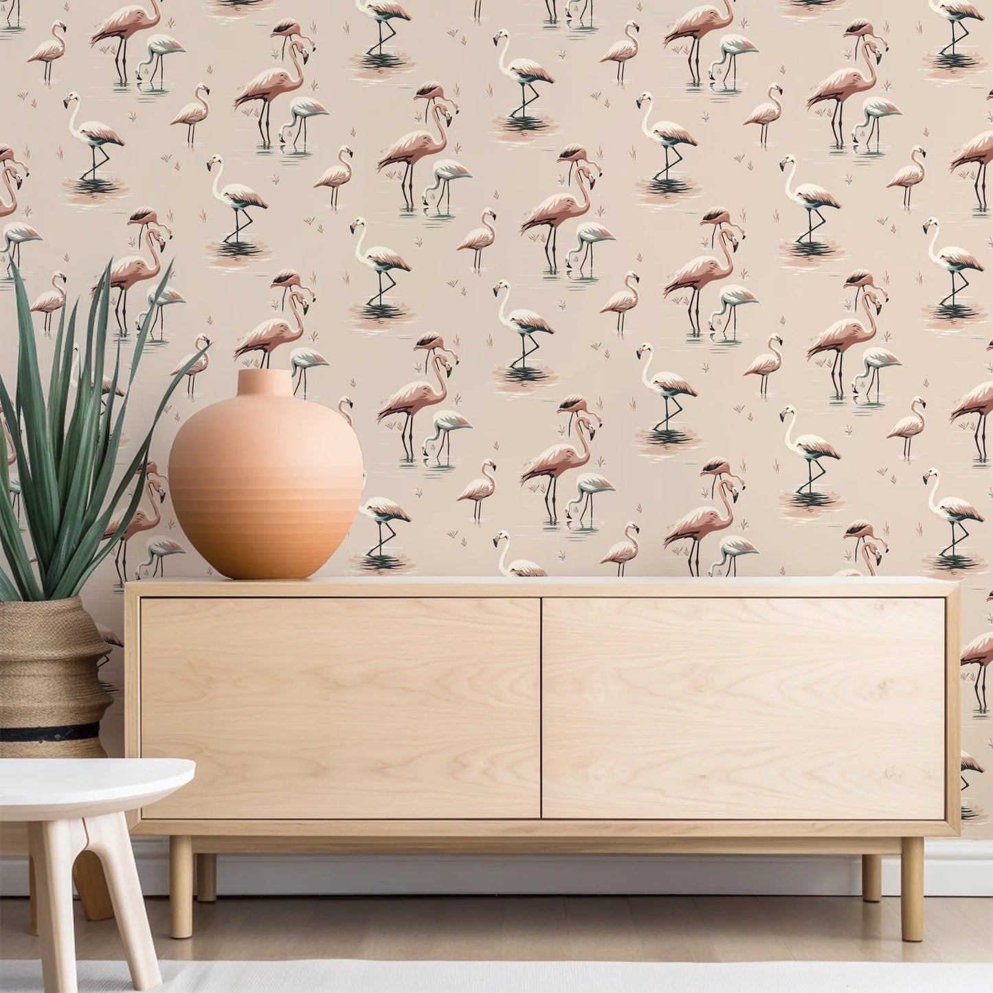 Mitchell Black Flamingo Wallpaper living room in shade Blush at Say Decor