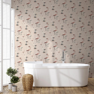 Mitchell Black Flamingo Wallpaper bathroom in shade Blush at Say Decor
