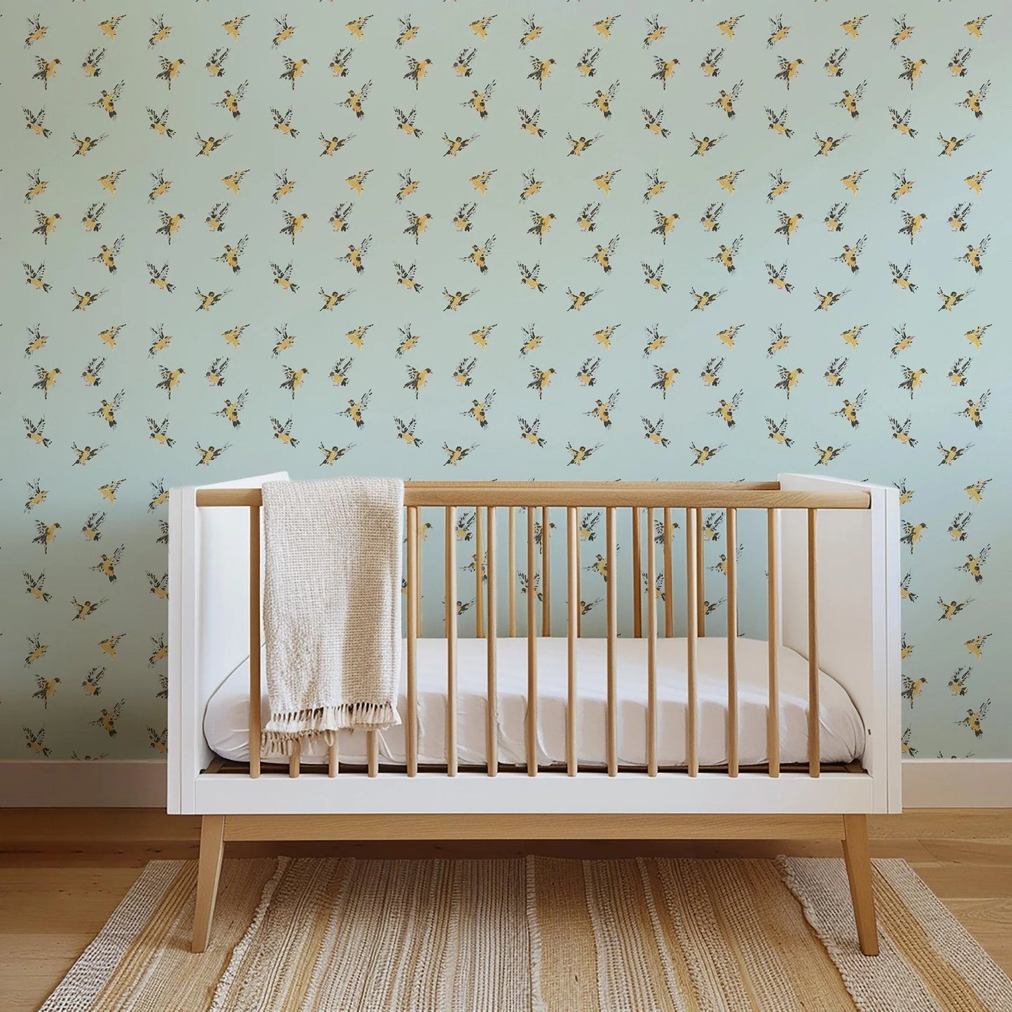 Mitchell Black Flight of the Finches Wallpaper Nursery in shade Blue at Say Decor