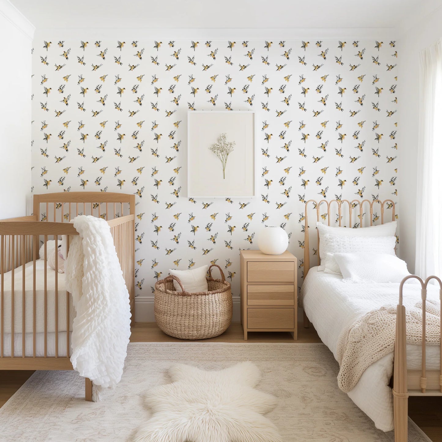 Mitchell Black Flight of the Finches Wallpaper Bedroom in shade White at Say Decor