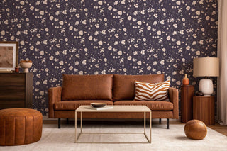 Mitchell Black Floral Bliss Abstract Wallpaper in shade Currant living room at Say Decor