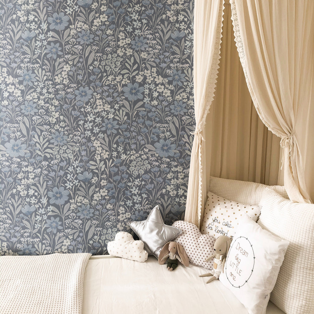 blue floral peel and stick wallpaper bedroom from Loomwell Home Goods