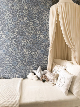 blue floral peel and stick wallpaper bedroom from Loomwell Home Goods
