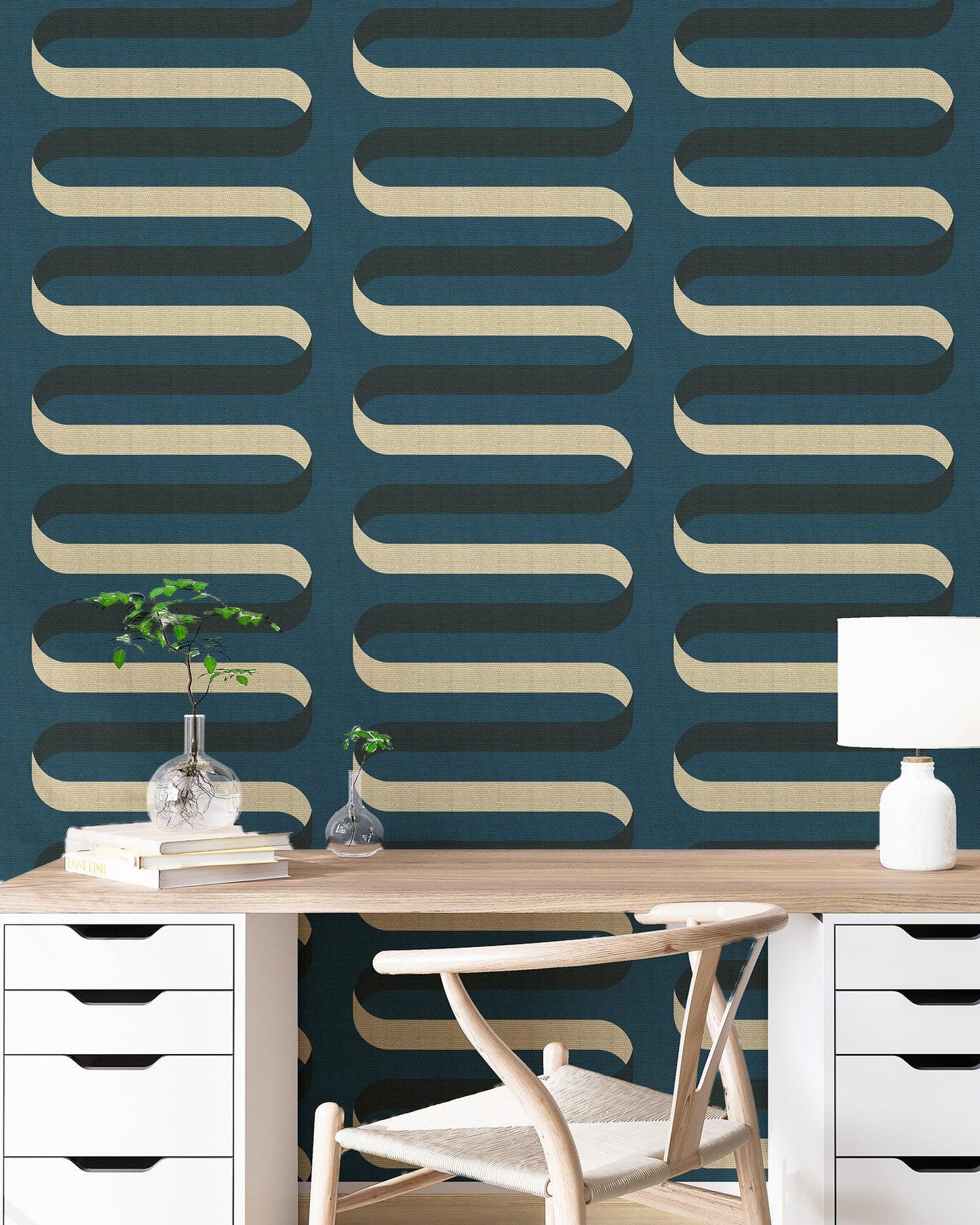 Mitchell Black Folding Ribbon Wallpaper office in shade Peacock Blue at Say Decor
