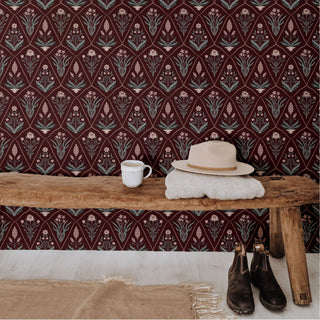 red floral peel and stick wallpaper entryway from Loomwell Home Goods