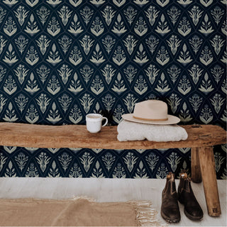 blue floral peel and stick wallpaper entryway from Loomwell Home Goods