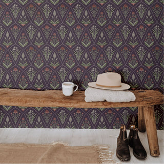 purple floral peel and stick wallpaper entryway from Loomwell Home Goods