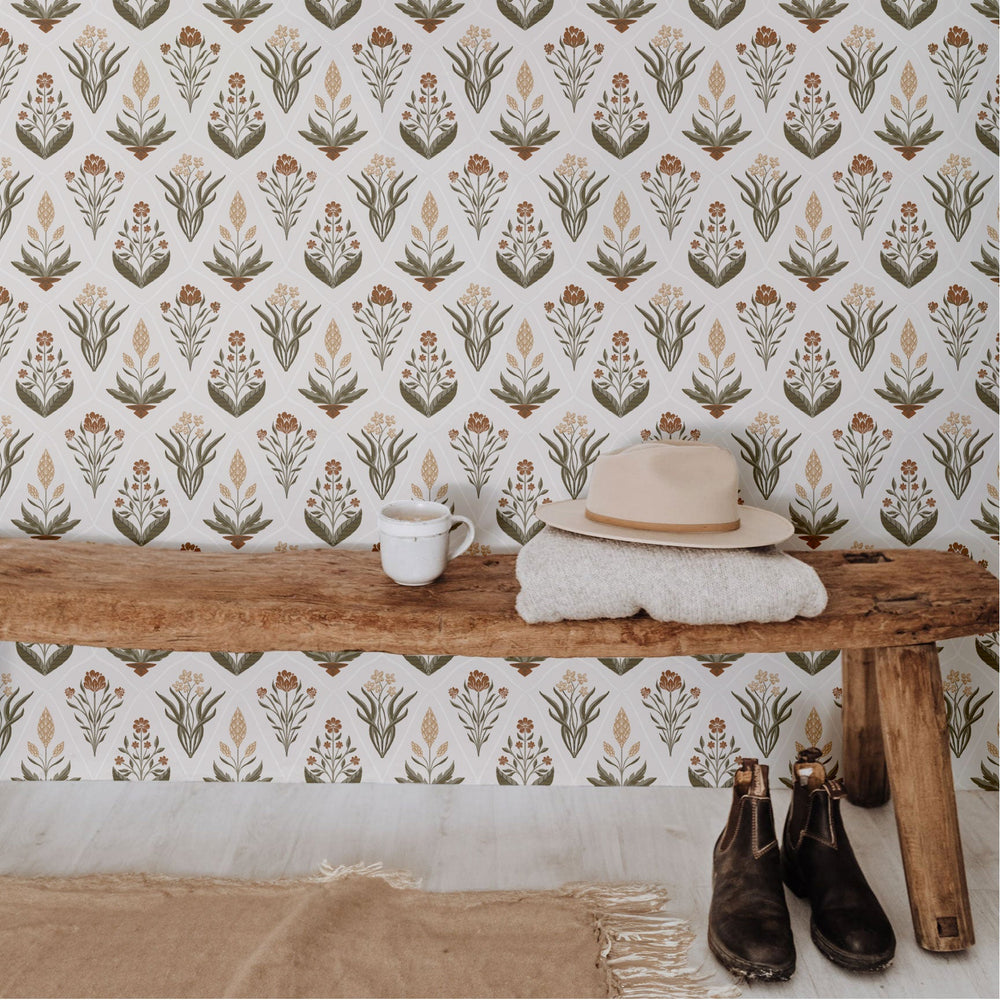 neutral floral peel and stick wallpaper entryway from Loomwell Home Goods