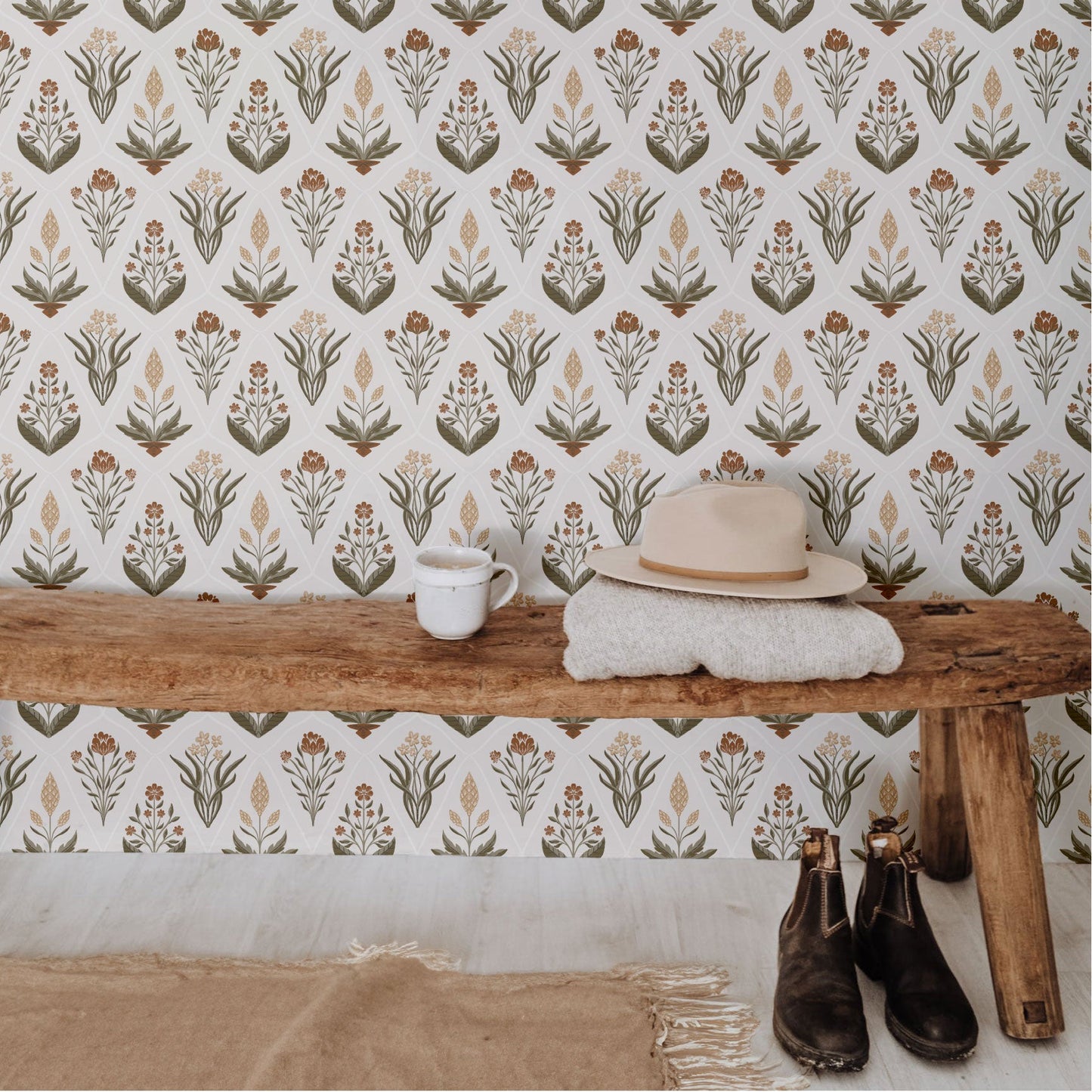neutral floral peel and stick wallpaper entryway from Loomwell Home Goods