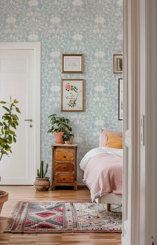 Mitchell Black Botanical Legacy Garden Vine Floral Wallpaper bedroom in shade Frosted Pearl at Say Decor