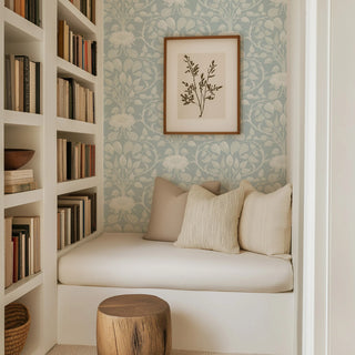 Mitchell Black Botanical Legacy Garden Vine Floral Wallpaper reading nook in shade Frosted Pearl at Say Decor