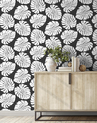 HG10500 monstera leaf tropical peel and stick wallpaper entryway from Harry & Grace