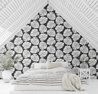 HG10500 monstera leaf tropical peel and stick wallpaper bedroom from Harry & Grace