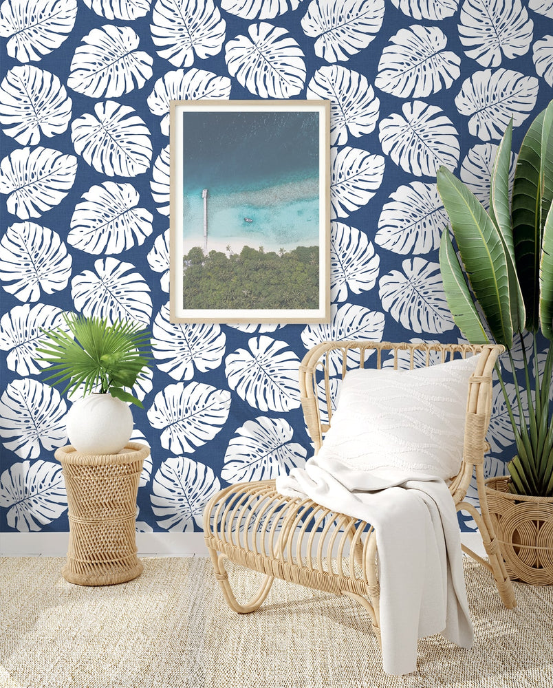 HG10502 monstera leaf tropical peel and stick wallpaper living room from Harry & Grace