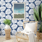 HG10502 monstera leaf tropical peel and stick wallpaper living room from Harry & Grace