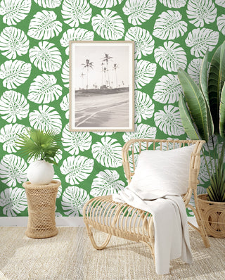 HG10504 monstera leaf tropical peel and stick wallpaper living room from Harry & Grace