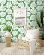 HG10504 monstera leaf tropical peel and stick wallpaper living room from Harry & Grace