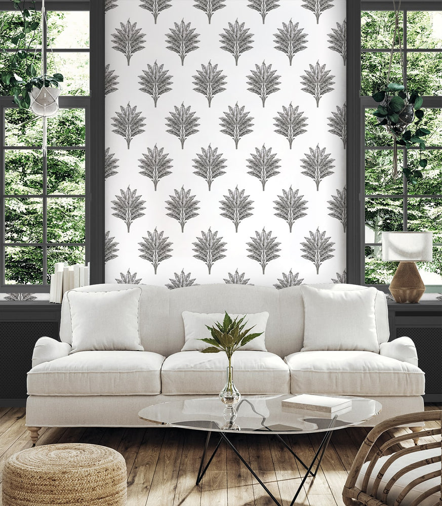 HG10600 palm leaf peel and stick wallpaper living room from Harry & Grace