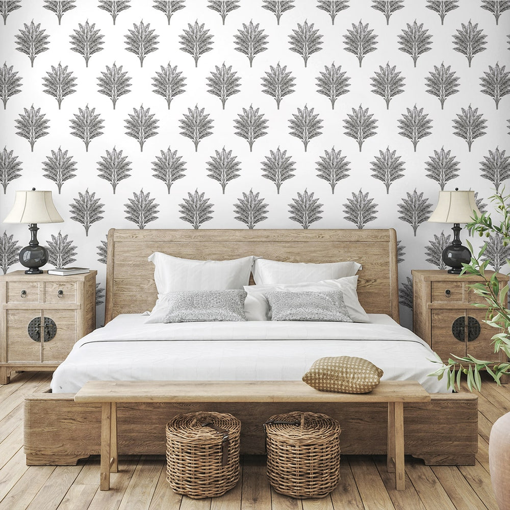 HG10600 palm leaf peel and stick wallpaper bedroom from Harry & Grace
