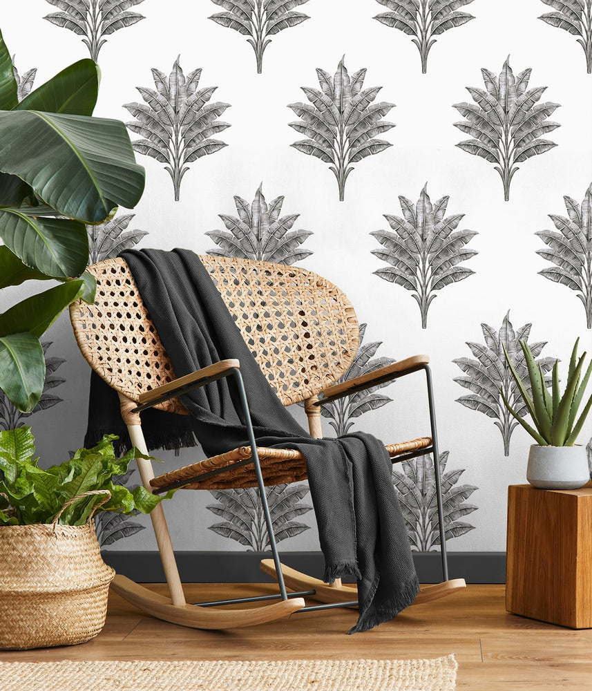 HG10600 palm leaf peel and stick wallpaper entryway from Harry & Grace