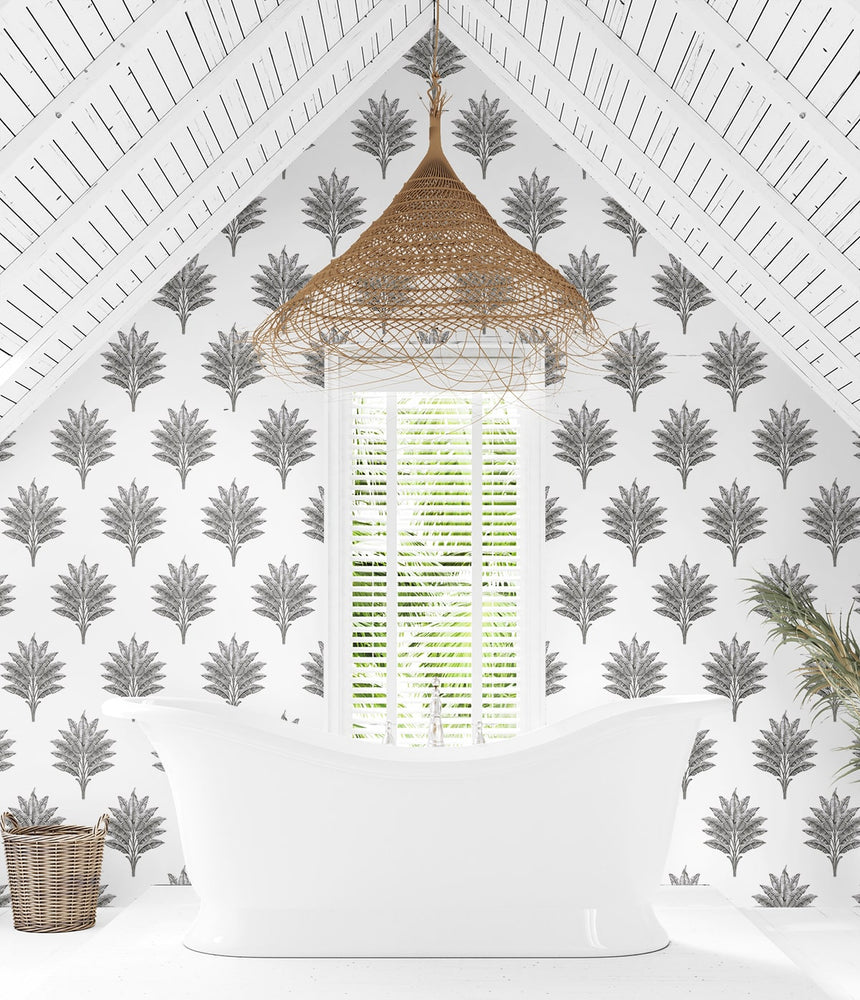 HG10600 palm leaf peel and stick wallpaper bathroom from Harry & Grace