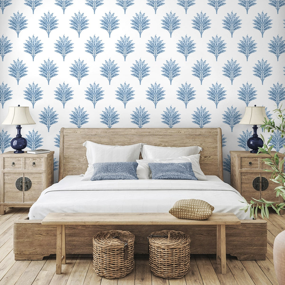 HG10602 palm leaf peel and stick wallpaper bedroom from Harry & Grace