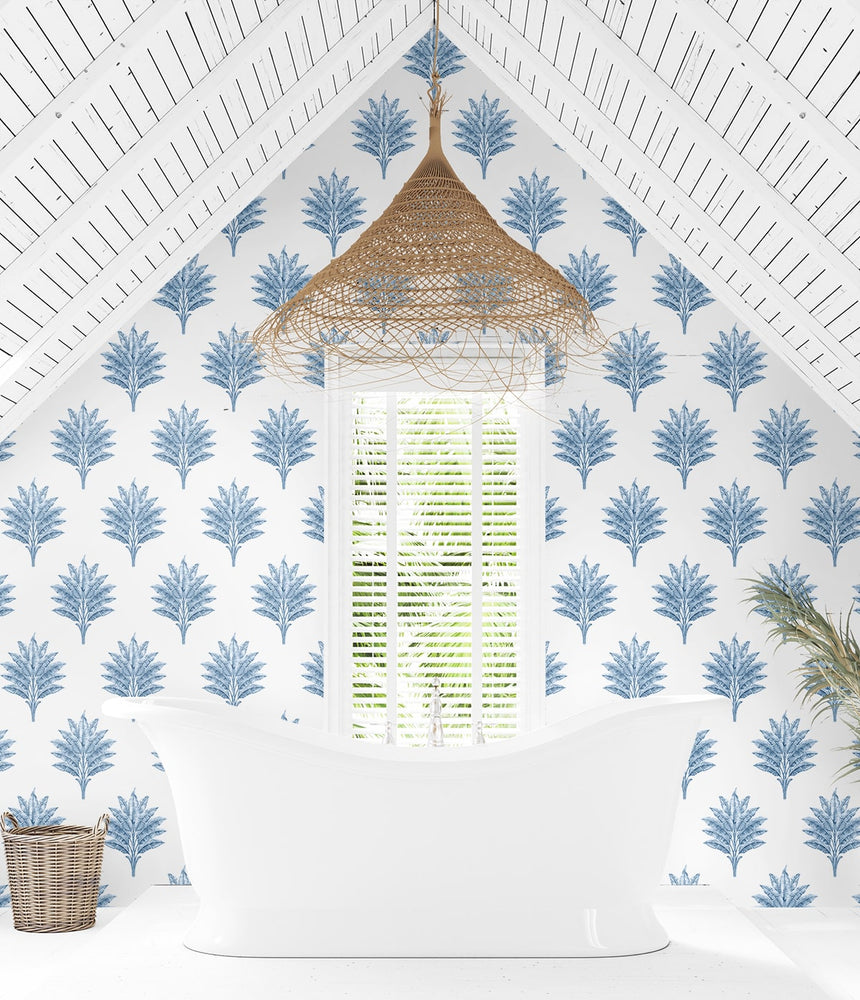 HG10602 palm leaf peel and stick wallpaper bathroom from Harry & Grace