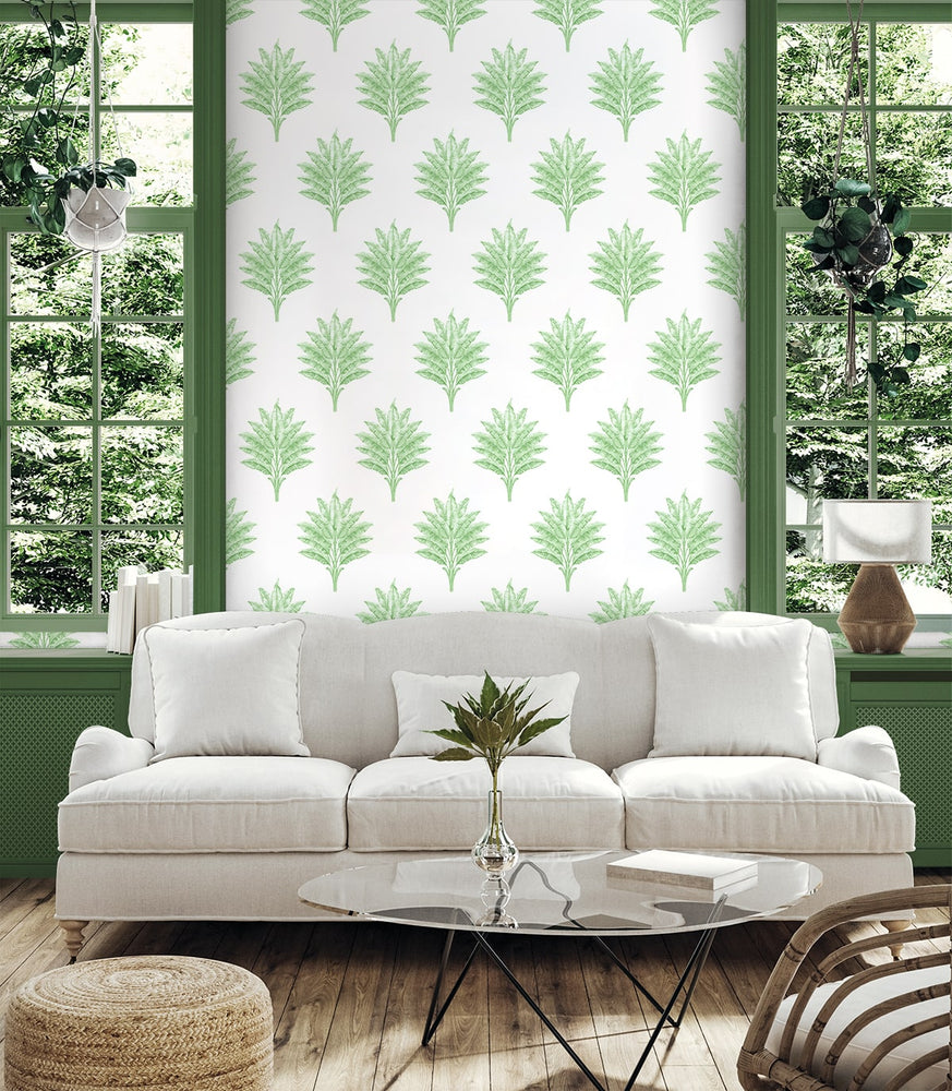 HG10604 palm leaf peel and stick wallpaper living room from Harry & Grace