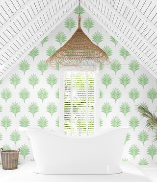 HG10604 palm leaf peel and stick wallpaper bathroom from Harry & Grace