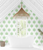 HG10604 palm leaf peel and stick wallpaper bathroom from Harry & Grace
