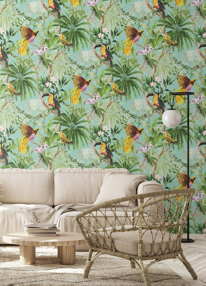 HG10902 tropical peel and stick wallpaper living room from Harry and Grace
