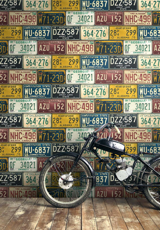 HG11301 license plates novelty peel and stick wallpaper motorcycle from Harry & Grace