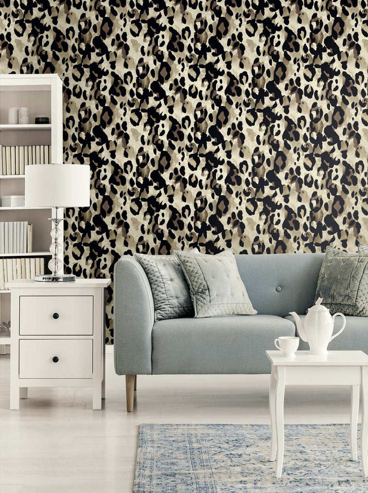 HG11405 leopard print peel and stick wallpaper living room from Harry & Grace