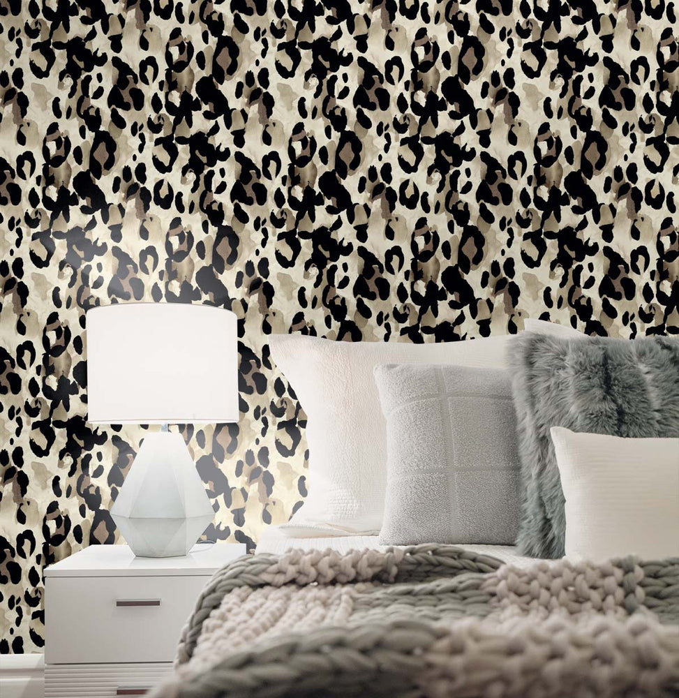 HG11405 leopard print peel and stick wallpaper bedroom from Harry & Grace