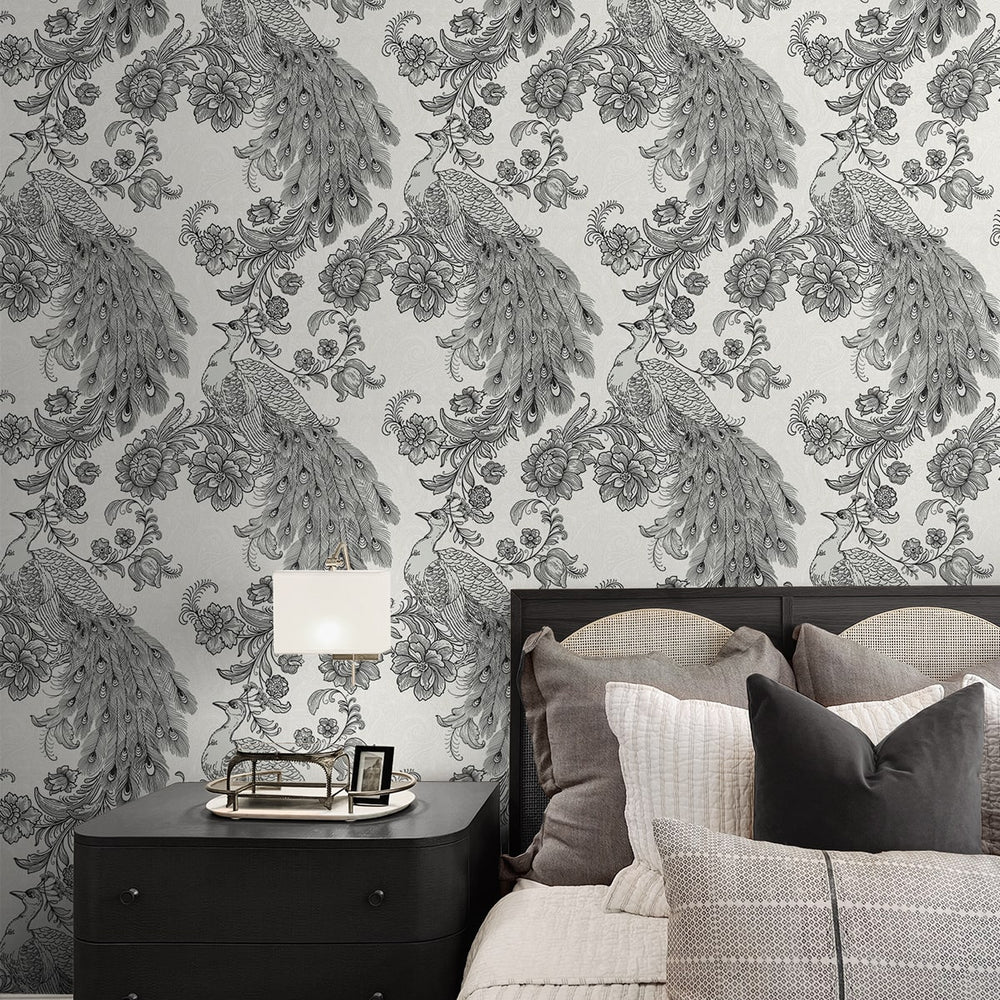 HG12200 peacock peel and stick wallpaper bedroom from Harry & Grace