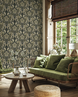 HG12902 vintage damask peel and stick wallpaper living room from Harry & Grace