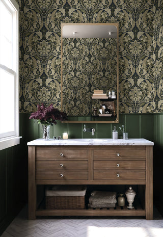 HG12902 vintage damask peel and stick wallpaper bathroom from Harry & Grace