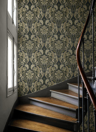 HG12902 vintage damask peel and stick wallpaper staircase from Harry & Grace