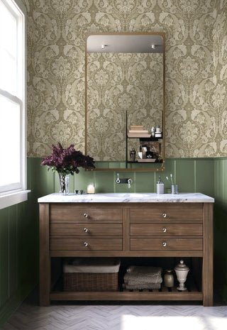 HG12905 vintage damask peel and stick wallpaper powder room from Harry & Grace