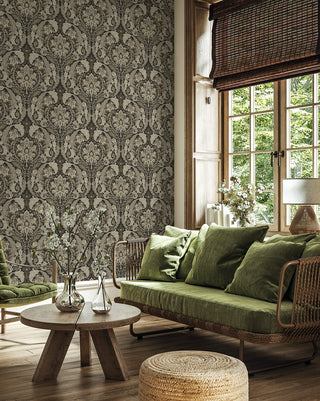 HG12907 vintage damask peel and stick wallpaper living room from Harry & Grace