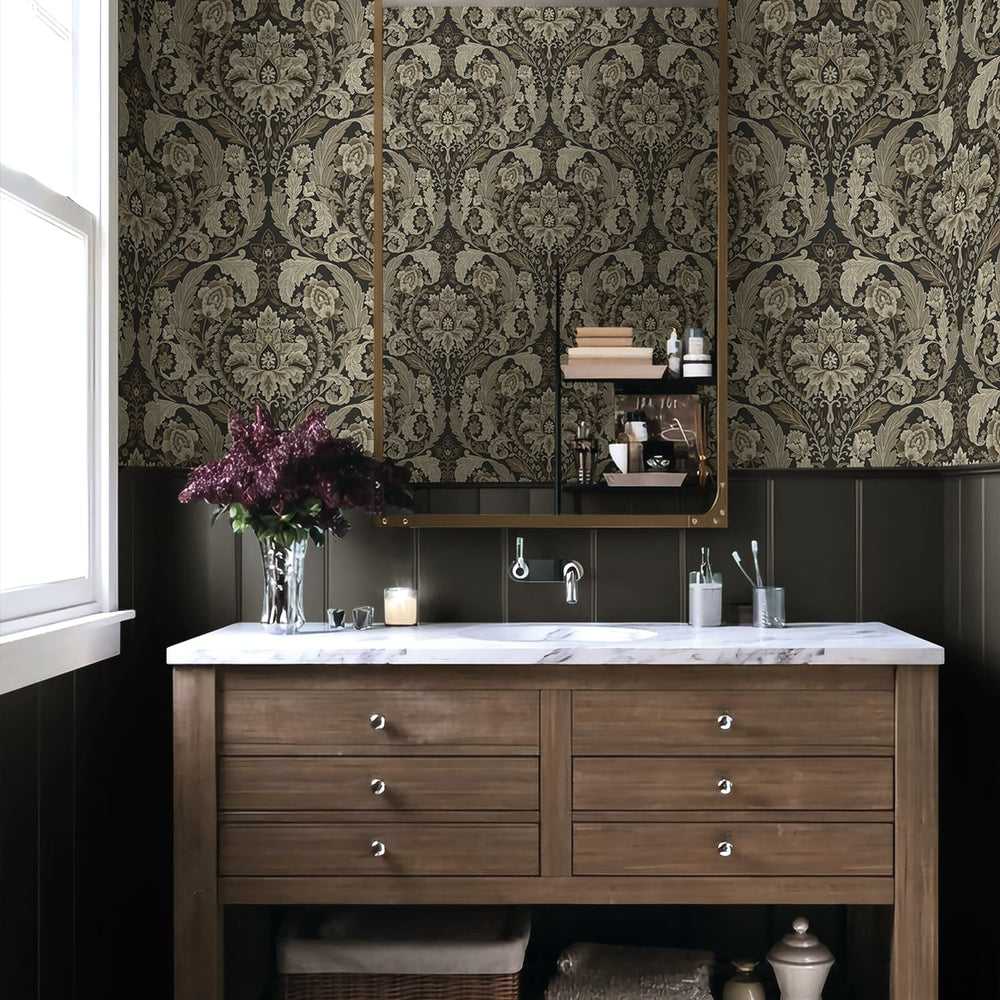 
                  
                    HG12907 vintage damask peel and stick wallpaper master bath from Harry & Grace
                  
                