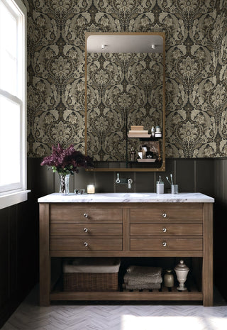 HG12907 vintage damask peel and stick wallpaper master bath from Harry & Grace